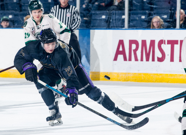 Scott R. Galvin | The Vindicator.Youngstown Phantoms forward Arsenii Smekhnov (20) goes for a loose puck against the Cedar Rapids RoughRiders during the second period at the Covelli Centre on Saturday, January 19, 2019.  The Phantoms lost 4-2.