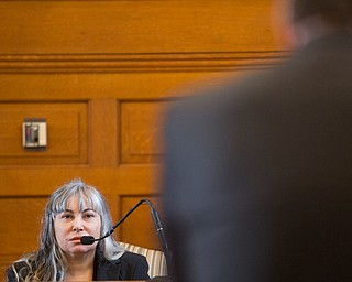 Claudia Hoerig answers questions from Assistant Prosecutor Chris Becker on Wednesday. EMILY MATTHEWS | THE VINDICATOR