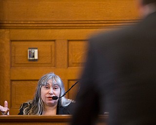 Claudia Hoerig answers questions from Assistant Prosecutor Chris Becker on Wednesday. EMILY MATTHEWS | THE VINDICATOR