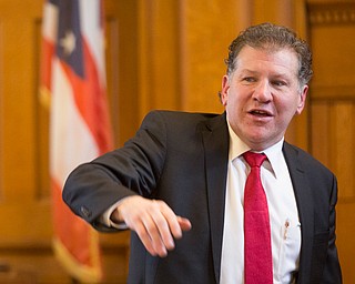 Assistant Prosecutor Chris Becker gives closing remarks during Claudia Hoerig's trial on Wednesday. EMILY MATTHEWS | THE VINDICATOR