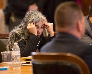 Claudia Hoerig listens to Trumbull County prosecutor Dennis Watkins give closing remarks during her trial on Wednesday. EMILY MATTHEWS | THE VINDICATOR