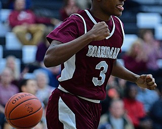 WARREN, OHIO - JANUARY 23, 2019: Boardman's Derrick Anderson celebrates after making a shot and being fouled during the second half of their game, Wednesday night at Warren Harding High School. DAVID DERMER | THE VINDICATOR