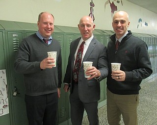 Neighbors | Jessica Harker.Director of Student Services Mark Zura, Superintendent Timothy Saxton and Director of Instruction Jared Cardillo enjoyed coffee from the Boardman Beanery Dec. 21.