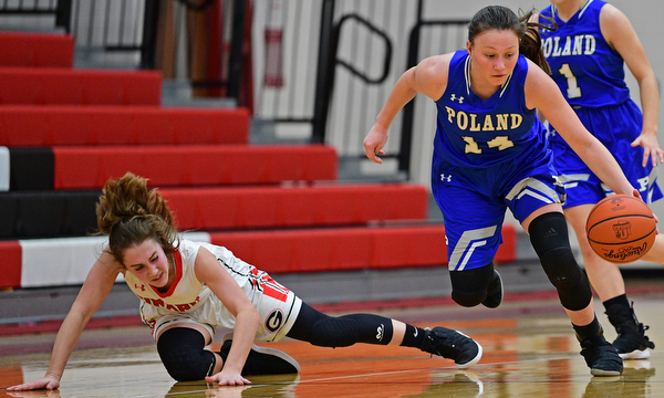 GIRARD, OHIO - JANUARY 24, 2019: Poland's Kailyn Brown dribbles away from Girard's Sophie Griffith after a steal during the second half of their game, Thursday night at Girard High School. DAVID DERMER | THE VINDICATOR