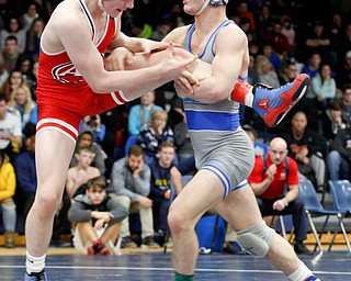 Austintown Fitch's Colin Roberts, left, and Rootstown's Caleb Edwards wrestle during the final round of the Josh Hephner Memorial Wrestling Tournament at Austintown Fitch High School on Saturday. Edwards was the champion in the 113 weight class. EMILY MATTHEWS | THE VINDICATOR