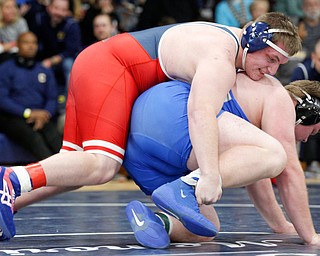 Austintown Fitch's Brock Kimble, left, and Lakeview's Michael Mather wrestle during the final round of the Josh Hephner Memorial Wrestling Tournament at Austintown Fitch High School on Saturday. Mather was the champion in the 285 weight class. EMILY MATTHEWS | THE VINDICATOR