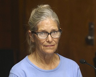 This Sept. 6, 2017, file photo shows Leslie Van Houten at her parole hearing at the California Institution for Women in Corona, Calif. The youngest follower of murderous cult leader Charles Manson will ask a state panel to recommend her for parole. Van Houten, who is now 69, is scheduled for a parole hearing Wednesday, Jan. 30, 2019 at the California Institute for Women. Van Houten was previously recommended for parole twice by a state panel but former California Gov. Jerry Brown blocked her release.  
