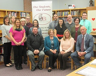 Neighbors | Jessica Harker.Boardman Schools representatives posed at the Boardman Schools Fund for Educational Excellence news conference from left (front) Don Riccitelli, a member of the school board, Edie Davidson, president of the Boardman School's Fund for Educational Excellence, Vickie Davis, a member of the board of education and Tim Saxton, district super intendent, (middle) Candance Fabry,  Jaclyn DiSibio, Theresa D'Angelo, Chelsea Wisbar and Jenefer Basista (back) Shannon Soles, Debbie Siefert, Kendra Baltes, Scott Lenhart, Tim Harker and Kyle Sheenan.