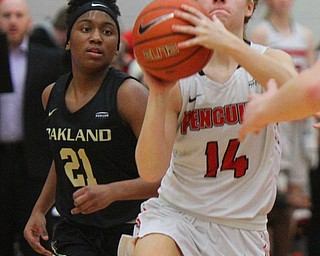 William D. Lewis The Vindicator YSU's Melinda Trimmer(14) takes aim past  Oakland's Kahlaijah Dean(21) during 1-31-19 action at YSU.