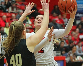 William D. Lewis The Vindicator YSU's Alison Smolinski(2)) takes aim past  Oakland's Autumn Kissman(40) during 1-31-19 action at YSU.