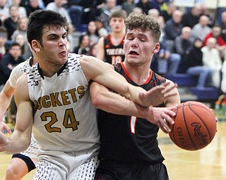 William D. Lewis The vindicator Springfield's Evan Ohlin(1) keeps the ball from Lowellville's Joe Balone(24) during 2-5-19 action in Lowellville.