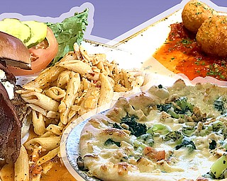 Contributed photos
V2 offers delicious offerings such as the black and bleu burger, served with Applewood smoked bacon, caramelized onions, bleu cheese on a grilled brioche bun; penne with Vernons classic sauce;  arancini di riso (top, right), Arborio rice balls filled with mozzarella, breaded and deep fried and served with San Marzano tomato sauce; and chicken florentine pizza with Italian greens, hot peppers and a blend of cheeses. 