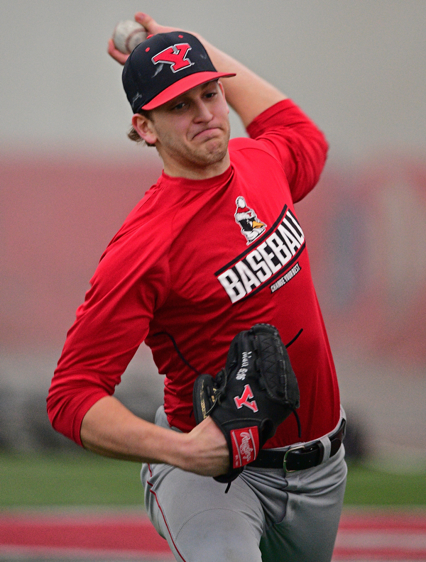 YOUNGSTOWN, OHIO - FEBRUARY 5, 2019: Youngstown State's Colin Clark delivers during practice, Tuesday afternoon at the WATTS Training Facility. DAVID DERMER | THE VINDICATOR