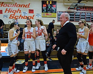 HOWLAND, OHIO - FEBRUARY 6, 2019: Howland head coach John Diehl smiles after Howland defeated Lakeside 89-40, Wednesday night at Howland High School. The win was Diehl's 500th career win. DAVID DERMER | THE VINDICATOR