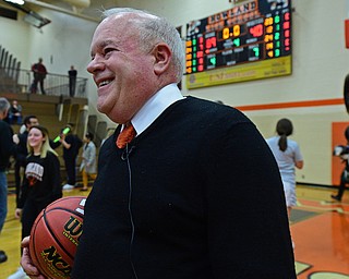 HOWLAND, OHIO - FEBRUARY 6, 2019: Howland head coach John Diehl smiles while being interviewed after Howland defeated Lakeside 89-40, Wednesday night at Howland High School. The win was Diehl's 500th career win. DAVID DERMER | THE VINDICATOR