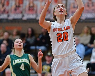 HOWLAND, OHIO - FEBRUARY 6, 2019: Howland's Alex Ochman goes to the basket against Lakeside's Dani Melnik during the first half of their game, Wednesday night at Howland High School. Howland won 89-40. DAVID DERMER | THE VINDICATOR