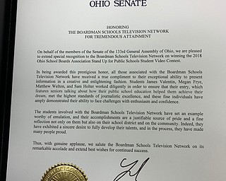 Neighbors | Submitted.The Senate Proclamation congratulating Boardman students on winning the Ohio School Board Associations "Stand Up For Public Schools Video Contest" that BSTN students recieved at the Ohio State House on Jan. 24.
