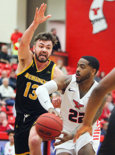 William D. Lewis The Vindicator YSU's Devin Morgan(22) dpasses around Milwaukee's Jake Wright(13) during 2-7-19 action at YSU.