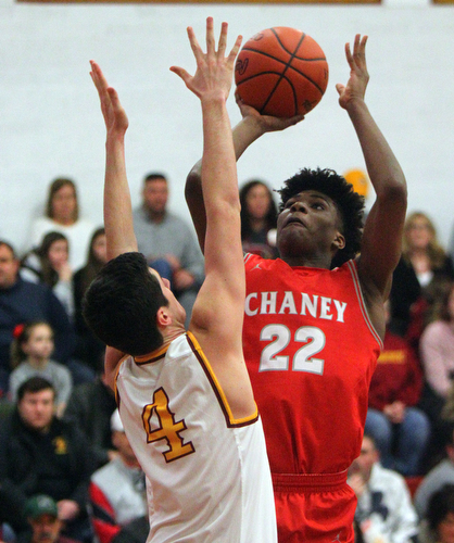 William D. Lewis the Vindicator  Mooney' sMark Phillips(4) and Chaney's Mick Hergenrother(22) during 2-8-19 action at Mooney.