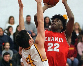 William D. Lewis the Vindicator  Mooney' sMark Phillips(4) and Chaney's Mick Hergenrother(22) during 2-8-19 action at Mooney.