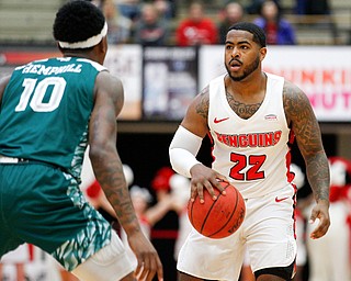 YSU's Devin Morgan dribbles the ball while Green Bay's ShanQuan Hemphill looks to block him during their game in Beeghly Center on Saturday night. EMILY MATTHEWS | THE VINDICATOR