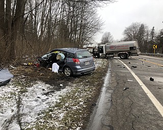This is the scene of an accident between an SUV and a tanker truck on U.S. Route 62 (Youngstown-Hubbard Road) this morning in Hubbard. The woman drive of the SUV was taken to St. Elizabeth Youngstown Hospital.