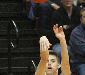 William D. Lewis The Vindicator Boardman'sTommy Fryda(1) sinks a 3 during 2-15-19 action at Boardman.