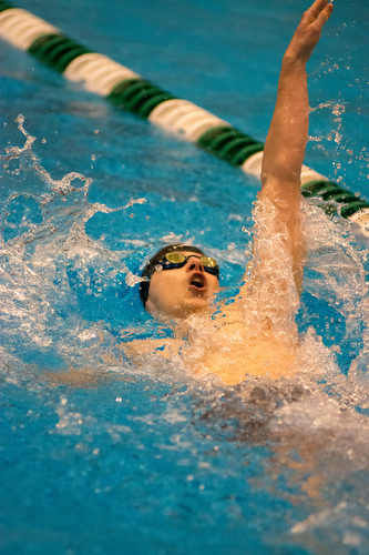 Connor Fritz of Canfield competes in the 100-yard backstroke at the Division II district swim meet