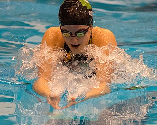 Jamyson Robb of West Branch goes into a turn in the 100-yard breaststroke at the Division II district swim meet at Cleveland State’s Robert F. Busby Natatorium on Friday..￼.