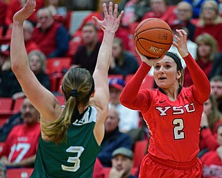 YOUNGSTOWN, OHIO - FEBRUARY 15, 2019: Youngstown State's Alison Smolinski shoots a three point shot over Green Bay's Frankie Wurtz during the first half of their game, Friday night at Beeghly Center. DAVID DERMER | THE VINDICATOR