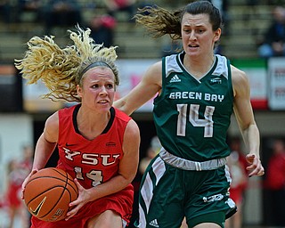 YOUNGSTOWN, OHIO - FEBRUARY 15, 2019: Youngstown State's Melinda Trimmer drives on Green Bay's Meghan Pringle during the first half of their game, Friday night at Beeghly Center. DAVID DERMER | THE VINDICATOR