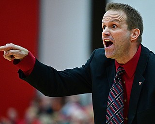 YOUNGSTOWN, OHIO - FEBRUARY 15, 2019: Youngstown State head coach John Barnes shouts instructions from the bench during the second half of their game, Friday night at Beeghly Center. Youngstown State won 70-59. DAVID DERMER | THE VINDICATOR