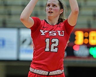 YOUNGSTOWN, OHIO - FEBRUARY 15, 2019: Youngstown State's Chelsea Olson shoots a three point shot during the second half of their game, Friday night at Beeghly Center. Youngstown State won 70-59. DAVID DERMER | THE VINDICATOR