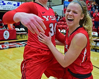 YOUNGSTOWN, OHIO - FEBRUARY 15, 2019: Youngstown State's McKenah Peters, left, and Melinda Trimmer celebrate after defeating Green Bay 70-59, Friday night at Beeghly Center. DAVID DERMER | THE VINDICATOR