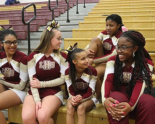 William D. Lewis The vindicator  Jessalyn Hartsfield who is a Liberty HS cheerleader  was born with a rare form of dwarfism, 2nd from right,  is shown with other cheerleaders during a 2-5-19 game at Liberty HS. They are from left, Breanna McCain, 9th, Alyssa Helco, 10th, Trinity Howard, 9th, and Taylor Howard, 12th.