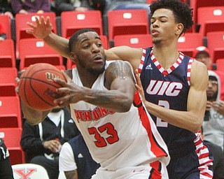 William D. Lewis The Vindicator YSU's Naz Bohannon(33) looks to pass around UIC's Michael Diggins(2) during 2-16-19 action at YSU.