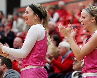 YSU's Alison Smolinski, left, and Melinda Trimmer cheer for their teammates during their game against Milwaukee in Beeghly Center on Sunday afternoon. EMILY MATTHEWS | THE VINDICATOR