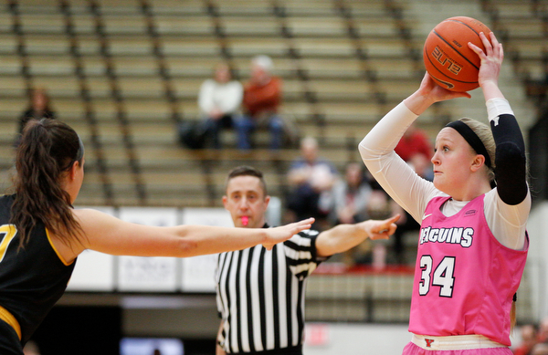 YSU's McKenah Peters looks to pass the ball while Milwaukee's Jamie Reit tries to block her during their game in Beeghly Center on Sunday afternoon. EMILY MATTHEWS | THE VINDICATOR