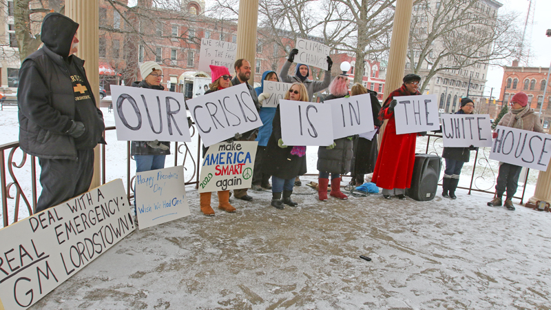 People protested at the gazebo in Warren’s Courthouse Square on Monday and spoke out against Trump’s declaration of a national emergency at the southern U.S. border.