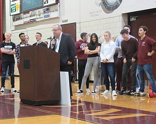 Neighbors | Jessica Harker.Vice President of Schwebel Baking Company, Lee Schwebel, addressed the Boardman High School community Jan. 25 during the school's winter pep rally.