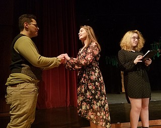 Neighbors | Submitted.Boardman High School student actors Dante Obritz (left), playing Oberon, Elizabeth Amstutz, playing Titania, and Brittany Edgell (right) rehearsed their roles in "A Midsummer Night's Dream."