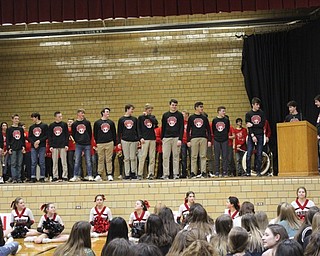 Neighbors | Abby Slanker.The Canfield Village Middle School eighth-grade boys basketball team was introduced by team members Jameson Beck and Stephen Maszczak at the school’s annual Winter Sports Pep Assembly on Feb. 8.