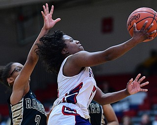 AUSTINTOWN, OHIO - FEBRUARY 21, 2019: Fitch's Jada Lazara goes tot he basket against Harding's Diamond Phillips during the second half of their sectional finals game, Thursday night at Austintown Fitch School. Fitch won 49-33. DAVID DERMER I THE VINDICATOR