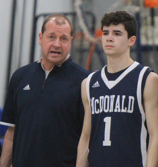 William D. Lewis The Vindicator  McDoanld coach Jeff Rasile and his son Zach during 2-22-19 game at Valley Christian.