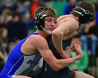 BELOIT, OHIO - FEBRUARY 23, 2019: Hubbard's Connor Burrus controls the back of Marlington's Brenden Hamilton during their 120lbs. Sectional Final Championship Bout, Saturday night at West Branch High School. DAVID DERMER | THE VINDICATOR