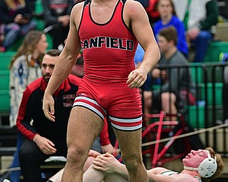 BELOIT, OHIO - FEBRUARY 23, 2019: Canfield's Anthony D'Alesio walks away from West Branch's Neil Ginnetti after p[inning him during their 182lbs. Sectional Final Championship Bout, Saturday night at West Branch High School. DAVID DERMER | THE VINDICATOR