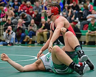 BELOIT, OHIO - FEBRUARY 23, 2019: Canfield's Nick Crawford reacts after pinning West Branch's Kenny Marra during their 195lbs. Sectional Final Championship Bout, Saturday night at West Branch High School. DAVID DERMER | THE VINDICATOR