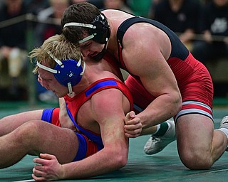 BELOIT, OHIO - FEBRUARY 23, 2019: Canfield's Tyler Stein wrestles Ravenna's Lucas Pritchett during their 195lbs. Sectional Final Championship Bout, Saturday night at West Branch High School. DAVID DERMER | THE VINDICATOR