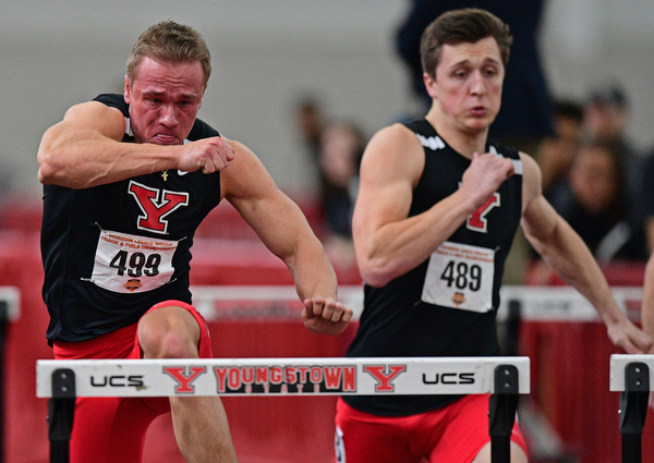 YOUNGSTOWN, OHIO - FEBRUARY 24, 2019: Youngstown State's Chad Zallow clears a hurl during the men's 60 meter hurdles final, Sunday afternoon at the Watt and Tressel Training Facility during the Horizon League Indoor Track Championship. DAVID DERMER | THE VINDICATOR..Youngstown State's Cole Smith pictured.