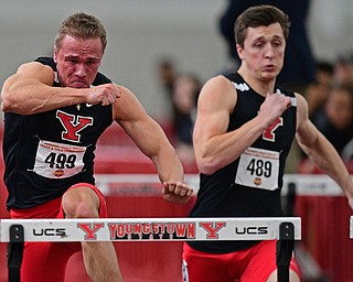 YOUNGSTOWN, OHIO - FEBRUARY 24, 2019: Youngstown State's Chad Zallow clears a hurl during the men's 60 meter hurdles final, Sunday afternoon at the Watt and Tressel Training Facility during the Horizon League Indoor Track Championship. DAVID DERMER | THE VINDICATOR..Youngstown State's Cole Smith pictured.